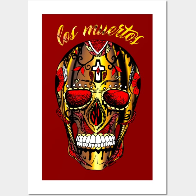 Los Muertos Day of The Dead Skull - Gold and Red Edition Wall Art by kenallouis